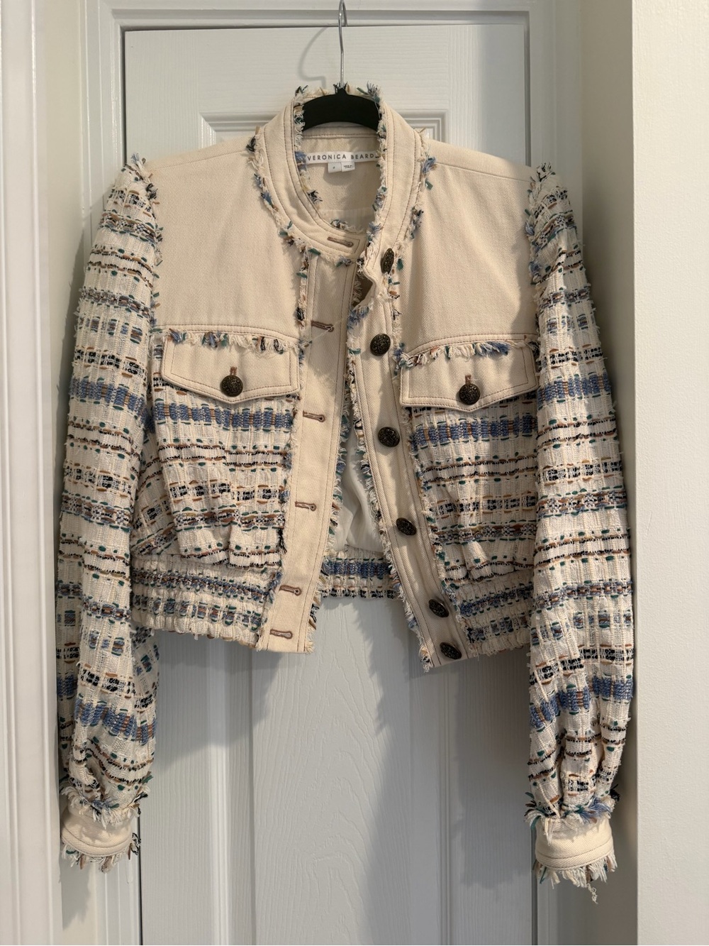 Veronica Beard Cream Tweed Fringe-Trim Cropped Jacket